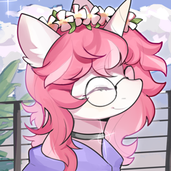 Size: 2500x2500 | Tagged: safe, artist:猞塔, oc, oc only, oc:glittering snow, pony, unicorn, bust, choker, cute, eyes closed, female, floral head wreath, flower, glasses, high res, smiling, solo