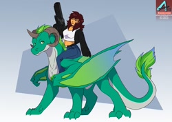 Size: 1100x778 | Tagged: safe, artist:arctic-fox, oc, oc only, oc:wireless fuzz, dragon, human, belly, clothes, countershading, denim, dragon oc, duo, female, gradient background, humanized, humans riding dragons, jacket, jeans, large wings, midriff, non-pony oc, pants, partially open wings, sternocleidomastoid, wings