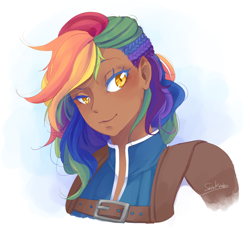Size: 2618x2400 | Tagged: safe, artist:happypaca, oc, oc only, oc:rainbow feather, human, bust, cornrows, dark skin, dreamworks face, eyebrows, female, high res, humanized, humanized oc, interspecies offspring, looking at you, magical lesbian spawn, not rainbow dash, offspring, parent:gilda, parent:rainbow dash, parents:gildash, signature, simple background, smiling, smiling at you, solo, white background