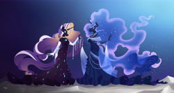 Size: 8221x4395 | Tagged: safe, artist:happypaca, nightmare moon, nightmare rarity, alicorn, unicorn, anthro, g4, absurd resolution, breasts, busty nightmare moon, busty nightmare rarity, choker, cleavage, clothes, commission, dress, duo, duo female, evening gloves, female, gloves, holding hands, jewelry, long gloves, necklace, pearl necklace, wingless, wingless anthro