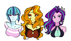 Size: 4994x2855 | Tagged: safe, artist:happypaca, adagio dazzle, aria blaze, sonata dusk, human, equestria girls, g4, alternate hairstyle, breasts, bust, busty adagio dazzle, busty aria blaze, busty sonata dusk, clothes, disguise, disguised siren, eyeshadow, female, high res, lipstick, looking at you, makeup, milf, off shoulder, simple background, sleeveless, smiling, the dazzlings, trio, trio female, white background