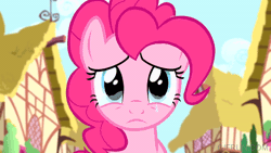Size: 520x293 | Tagged: safe, screencap, pinkie pie, earth pony, pony, g4, pinkie pride, season 4, animated, crying, cute, diapinkes, fake smile, female, gif, licking, long tongue, mare, one eye closed, ponyville, sad, smiling, solo, teary eyes, tongue out