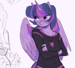Size: 1516x1364 | Tagged: safe, artist:dulcesilly, twilight sparkle, alicorn, anthro, g4, crossed arms, cutie mark accessory, cutie mark necklace, female, jewelry, necklace, solo, twilight sparkle (alicorn)