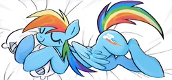 Size: 1107x516 | Tagged: safe, artist:muffinz, rainbow dash, pegasus, pony, g4, bed, cute, dashabetes, eyes closed, lying down, pillow, sleeping, smiling, solo, sweet dreams fuel