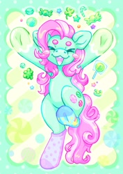 Size: 1448x2048 | Tagged: safe, artist:ibbledribble, minty, pony, g3, :3, :d, ><, beanbrows, candy, clothes, eyebrows, eyes closed, food, hooves in air, open mouth, open smile, smiling, socks, solo, that pony sure does love socks