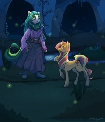 Size: 882x1024 | Tagged: safe, artist:honeyixi, sunset shimmer, firefly (insect), insect, pony, unicorn, g4, crossover, grass, neopets, neopets:xandra, night, river, stars, water, xweetok
