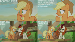 Size: 2000x1125 | Tagged: safe, edit, edited screencap, editor:quoterific, screencap, applejack, autumn blaze, earth pony, kirin, pony, g4, sounds of silence, applejack's hat, cowboy hat, hat