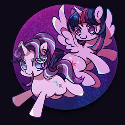 Size: 2048x2048 | Tagged: safe, artist:tkotu1, starlight glimmer, twilight sparkle, alicorn, pony, unicorn, g4, cute, duo, duo female, eye clipping through hair, eyebrows, eyebrows visible through hair, female, glimmerbetes, high res, horn, looking at you, mare, open mouth, open smile, smiling, smiling at you, sparkly eyes, spread wings, starry eyes, twiabetes, twilight sparkle (alicorn), wingding eyes, wings