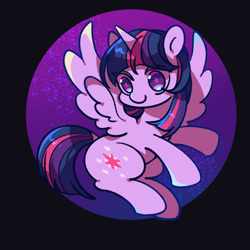 Size: 1080x1080 | Tagged: safe, artist:tkotu1, twilight sparkle, alicorn, pony, g4, cute, eyebrows, eyebrows visible through hair, female, horn, looking at you, mare, smiling, smiling at you, solo, spread wings, starry eyes, twiabetes, twilight sparkle (alicorn), wingding eyes, wings