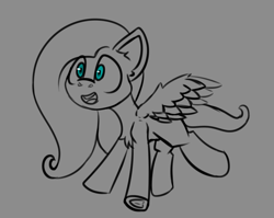 Size: 1067x848 | Tagged: safe, artist:cotarsis, fluttershy, pegasus, pony, g4, frog (hoof), gray background, grayscale, monochrome, open mouth, open smile, partial color, simple background, sketch, smiling, underhoof