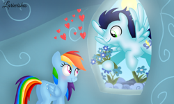 Size: 1200x720 | Tagged: safe, artist:mlplary6, rainbow dash, soarin', pegasus, pony, g4, blushing, boyfriend and girlfriend, butt, duo, female, flower, flying, heart, looking at each other, looking at someone, male, mare, plot, rainbow dash's house, rainbutt dash, romantic, ship:soarindash, shipping, smiling, smiling at each other, stallion, straight, sun, window