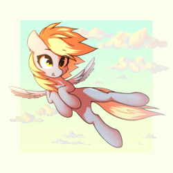 Size: 3000x3000 | Tagged: safe, artist:o0o-bittersweet-o0o, derpy hooves, pegasus, pony, g4, cloud, cute, derpabetes, female, flying, high res, hooves to the chest, mare, open mouth, sky, smiling, solo, spread wings, wings