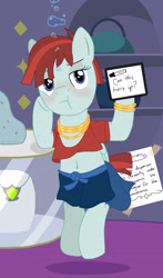 Size: 1792x3040 | Tagged: safe, artist:whowantsapizza, valley glamour, pegasus, pony, g4, bipedal, bipedal leaning, blushing, bracelet, bubble, clothes, female, holding breath, jewelry, leaning, mare, midriff, necklace, shorts, sweatshirt, this will end in drowning, underwater, water