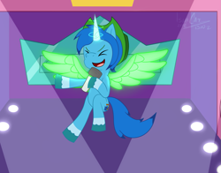 Size: 1767x1383 | Tagged: safe, artist:ismazhecat, oc, oc only, oc:pumbi steps, pony, unicorn, artificial wings, augmented, coat markings, excited, flying, happy, magic, male, mane melody (location), raised hoof, singing, socks (coat markings), spread wings, stallion, unshorn fetlocks, wings