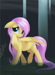 Size: 1694x2299 | Tagged: safe, artist:dusthiel, fluttershy, pegasus, pony, g4, blushing, cute, female, floppy ears, hair over one eye, hiding behind wing, hock fluff, looking away, mare, shyabetes, solo, walking, water, wet, wet mane, wings
