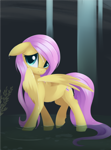 Size: 1694x2299 | Tagged: safe, artist:dusthiel, fluttershy, pegasus, pony, blushing, cute, female, floppy ears, hair over one eye, hiding behind wing, hock fluff, looking away, mare, shyabetes, solo, walking, water, wet, wet mane, wings