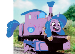 Size: 2100x1500 | Tagged: safe, artist:allahda, edit, editor:allahda, izzy moonbow, pony, unicorn, g5, my little pony: tell your tale, 1000 hours in ms paint, bad edit, thomas the tank engine, train, wat