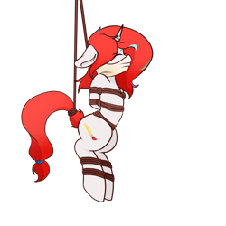 Size: 1080x1080 | Tagged: artist needed, safe, oc, oc only, oc:shallow light, pony, unicorn, bondage, cloth gag, eyes closed, female, floppy ears, gag, helpless, horn, horn ring, mare, over the nose gag, ring, simple background, solo, suspended, suspension bondage, tied up, transparent background