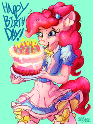 Size: 2400x3200 | Tagged: safe, artist:br0via, pinkie pie, earth pony, anthro, g4, cake, clothes, dress, food, high res, solo, stockings, thigh highs