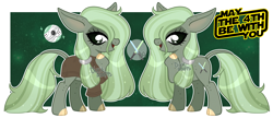 Size: 4000x1724 | Tagged: safe, artist:dixieadopts, pony, big ears, body freckles, clothes, cloven hooves, colored hooves, ear freckles, female, freckles, green background, green eyes, grogu, hoof polish, leg freckles, leonine tail, lidded eyes, lightsaber, ponified, ponytail, raised hoof, robe, simple background, solo, sparkly mane, sparkly tail, standing, star wars, tail, the mandalorian, weapon