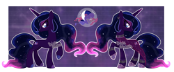 Size: 4000x1668 | Tagged: safe, artist:dixieadopts, oc, oc:eternal galaxy, pony, unicorn, blaze (coat marking), blue eyes, body markings, bracelet, cape, choker, clothes, coat markings, colored hooves, ear piercing, earring, ethereal hair, ethereal mane, ethereal tail, eyeshadow, facial markings, female, gradient horn, grid, hoof shoes, horn, jewelry, lidded eyes, looking at you, makeup, mare, mismatched hooves, piercing, purple background, simple background, solo, standing, starry mane, starry tail, tail, unicorn oc