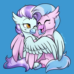 Size: 2048x2048 | Tagged: safe, artist:twisted-sketch, silverstream, oc, oc:ocean breeze (savygriffs), classical hippogriff, hippogriff, g4, blushing, canon x oc, commission, cuddling, female, finished commission, high res, hippogriff oc, hug, lesbian, looking at each other, looking at someone, ship:oceanstream, shipping, smiling, smiling at each other, winghug, wings