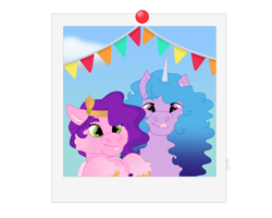 Size: 1280x1024 | Tagged: safe, artist:itstechtock, izzy moonbow, pipp petals, pegasus, pony, unicorn, g5, maretime bay day 2.0, my little pony: tell your tale, spoiler:g5, spoiler:my little pony: tell your tale, spoiler:tyts01e11, :p, adorapipp, arms in the air, cute, duo, duo female, female, izzybetes, mare, scene interpretation, silly, silly pony, tongue out, unshorn fetlocks