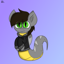 Size: 1598x1598 | Tagged: safe, artist:nhale, oc, oc:razor uniboop, hybrid, original species, snake, snake pony, clothes, green eyes, looking at you, simple background, wings