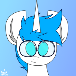 Size: 1229x1229 | Tagged: safe, artist:nhale, oc, oc:nhale, pony, unicorn, big ears, blue eyes, blue mane, bust, glasses, happy, looking at you, male, nhale o jogador de free fire, portrait, profile picture, simple background, stallion