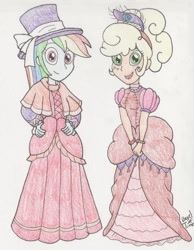 Size: 1089x1400 | Tagged: safe, artist:bageloftime, applejack, rainbow dash, human, equestria girls, g4, clothes, dress, duo, female, gown, hat, humanized, long dress, long skirt, skirt, western