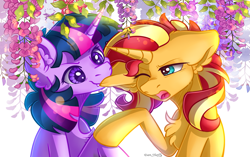 Size: 2865x1794 | Tagged: safe, artist:yuris, sunset shimmer, twilight sparkle, pony, unicorn, g4, biting, chest fluff, duo, ear bite, ear fluff, ears back, ears up, female, flower, leaves, lesbian, open mouth, ship:sunsetsparkle, shipping, simple background, smiling, sunlight, white background, wisteria