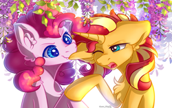 Size: 2865x1794 | Tagged: safe, alternate character, alternate version, artist:yuris, pinkie pie, sunset shimmer, earth pony, pony, unicorn, g4, biting, chest fluff, duo, ear bite, ear fluff, ears back, ears up, flower, horses doing horse things, leaves, open mouth, simple background, smiling, white background, wisteria