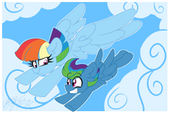 Size: 3000x2000 | Tagged: safe, artist:ladylullabystar, rainbow dash, oc, oc:storm streak, pegasus, pony, flurry heart's story, g4, colt, commission, duo, female, flying, foal, high res, male, mother and child, mother and son, offspring, parent:oc:thunderhead, parent:rainbow dash, parents:canon x oc