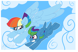 Size: 3000x2000 | Tagged: safe, artist:ladylullabystar, rainbow dash, oc, oc:storm streak, pegasus, pony, flurry heart's story, g4, cloud, colt, commission, duo, female, flying, foal, grin, high res, looking at each other, looking at someone, male, mare, mother and child, mother and son, offspring, parent:oc:thunderhead, parent:rainbow dash, parents:canon x oc, sky, smiling, smiling at each other