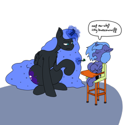 Size: 3508x3508 | Tagged: safe, artist:ponny, nightmare moon, princess luna, alicorn, pony, g4, baby talk, broccoli, chair, colored, disappointed, disapproval, duo, female, filly, food, herbivore, high res, magic, simple background, speech bubble, telekinesis, text, transparent background, woona, younger