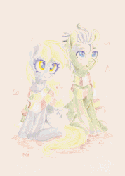 Size: 712x1000 | Tagged: safe, artist:maytee, derpy hooves, doctor whooves, time turner, earth pony, pegasus, pony, g4, animated, autumn, autumn leaves, blushing, clothes, colored pencil drawing, duo, female, fourth doctor's scarf, gif, leaves, male, mare, progress, scarf, shared clothing, shared scarf, ship:doctorderpy, shipping, stallion, straight, striped scarf, traditional art, wip