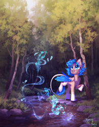 Size: 2800x3592 | Tagged: safe, artist:jsunlight, artist:koviry, oc, oc only, pegasus, pony, collaboration, cute, cute little fangs, fangs, forest, high res, leonine tail, river, solo, tail, water