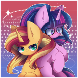 Size: 2400x2400 | Tagged: safe, artist:miryelis, sci-twi, sunset shimmer, twilight sparkle, pony, unicorn, equestria girls, g4, big ears, blushing, cute, duo, duo female, equestria girls ponified, female, glasses, gradient background, high res, lesbian, long hair, mare, ship:sci-twishimmer, ship:sunsetsparkle, shipping, smiling, unicorn sci-twi