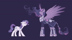 Size: 4096x2304 | Tagged: safe, artist:evelili, rarity, twilight sparkle, alicorn, pony, unicorn, g4, alternate universe, armor, blue background, curved horn, fanfic art, horn, leonine tail, scar, simple background, size difference, tail, teary eyes, twilight sparkle (alicorn)