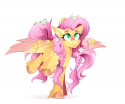 Size: 2048x1707 | Tagged: safe, artist:buvanybu, fluttershy, bird, pegasus, pony, g4, alternate hairstyle, braid, chick, colored hooves, colored wings, ear fluff, female, flower, flower in hair, flower in tail, looking at something, looking up, mare, raised hoof, raised leg, simple background, sitting on head, sitting on wing, solo, spread wings, tail, two toned wings, unshorn fetlocks, white background, wings