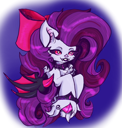 Size: 2660x2788 | Tagged: safe, artist:umbrapone, oc, oc:nightshine, bat pony, pony, abstract background, antagonist, bat ears, bat pony oc, black lipstick, bust, cheek fluff, chest fluff, cloven hooves, collar, curly hair, curly mane, fangs, gem, high res, jewelry, large wings, lipstick, metal, shiny, slit pupils, spiral, unshorn fetlocks, villainess, wings