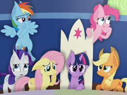 Size: 3180x2384 | Tagged: safe, artist:starry swirl, applejack, fluttershy, pinkie pie, rainbow dash, rarity, twilight sparkle, alicorn, earth pony, pegasus, pony, unicorn, g4, the beginning of the end, cutie map, female, high res, mane six, mare, scene interpretation, twilight sparkle (alicorn), twilight's castle