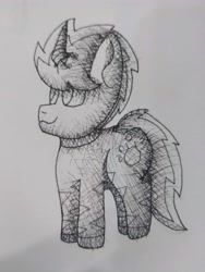 Size: 3456x4608 | Tagged: safe, artist:acid flask, derpibooru exclusive, oc, oc:acid flask, pony, unicorn, zebra, zebracorn, 2d, crosshatch, curved horn, happy, high res, horn, ink, ink drawing, jpg, long tail, looking sideways, looking to the left, looking up, male, picture, shading, short, smiling, solo, spiky mane, stallion, tail, traditional art, unicorn oc