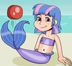 Size: 659x598 | Tagged: safe, artist:ocean lover, wind sprint, human, mermaid, g4, ball, bandeau, bare midriff, bare shoulders, beach, belly, belly button, buckball, child, cute, fins, fish tail, freckles, human coloration, humanized, looking at you, mermaid tail, mermaidized, mermay, midriff, ms paint, outdoors, sand, short hair, sitting, sky, sleeveless, smiling, smiling at you, species swap, tail, tail fin, water