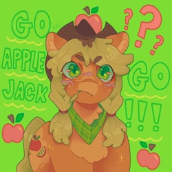 Size: 1440x1440 | Tagged: safe, artist:ariariari.png, applejack, earth pony, pony, g4, alternate cutie mark, alternate hairstyle, apple, bandana, cowboy hat, food, hat, question mark, solo, text