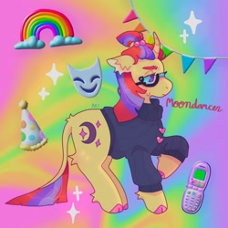 Size: 1440x1440 | Tagged: safe, artist:ariariari.png, moondancer, pony, g4, clothes, cloven hooves, curved horn, female, hat, horn, leonine tail, mask, party hat, phone, rainbow, solo, sweater, tail