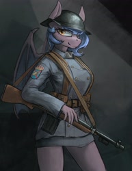 Size: 3165x4096 | Tagged: safe, artist:blvckmagic, oc, oc only, oc:clair de lune, bat pony, anthro, big breasts, breasts, clothes, female, foxhole(game), gun, helmet, mare, military, military uniform, rifle, solo, uniform, weapon