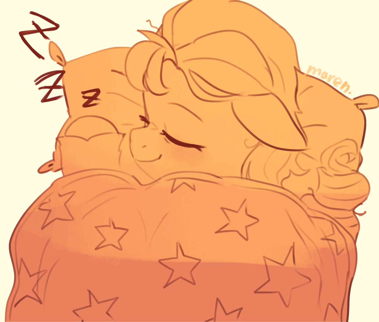 [artist:maren,blanket,cute,earth pony,eyes closed,g5,pillow,pony,safe,sleeping,sound effects,onomatopoeia,sunnybetes,sunny starscout]