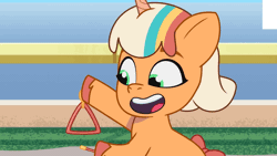 Size: 960x540 | Tagged: safe, screencap, peach fizz, pony, unicorn, dumpster diving, g5, my little pony: tell your tale, spoiler:g5, spoiler:my little pony: tell your tale, spoiler:tyts01e13, animated, cute, female, filly, foal, gif, musical instrument, open mouth, peachsweet, pippsqueaks, smiling, solo, triangle