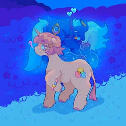 Size: 1440x1440 | Tagged: safe, artist:ariariari.png, oc, oc only, oc:cinnamon satin, oc:northern crown, donkey, hybrid, mule, pony, unicorn, g4, bracelet, duo, horn, hybrid oc, jewelry, muleicorn, question mark, unicorn oc